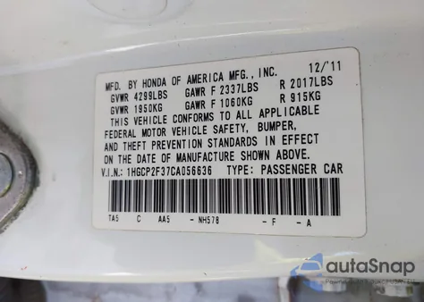 2012 Honda Accord 2.4 Lx from USA, damaged, VIN 1HGCP2F37CA056636